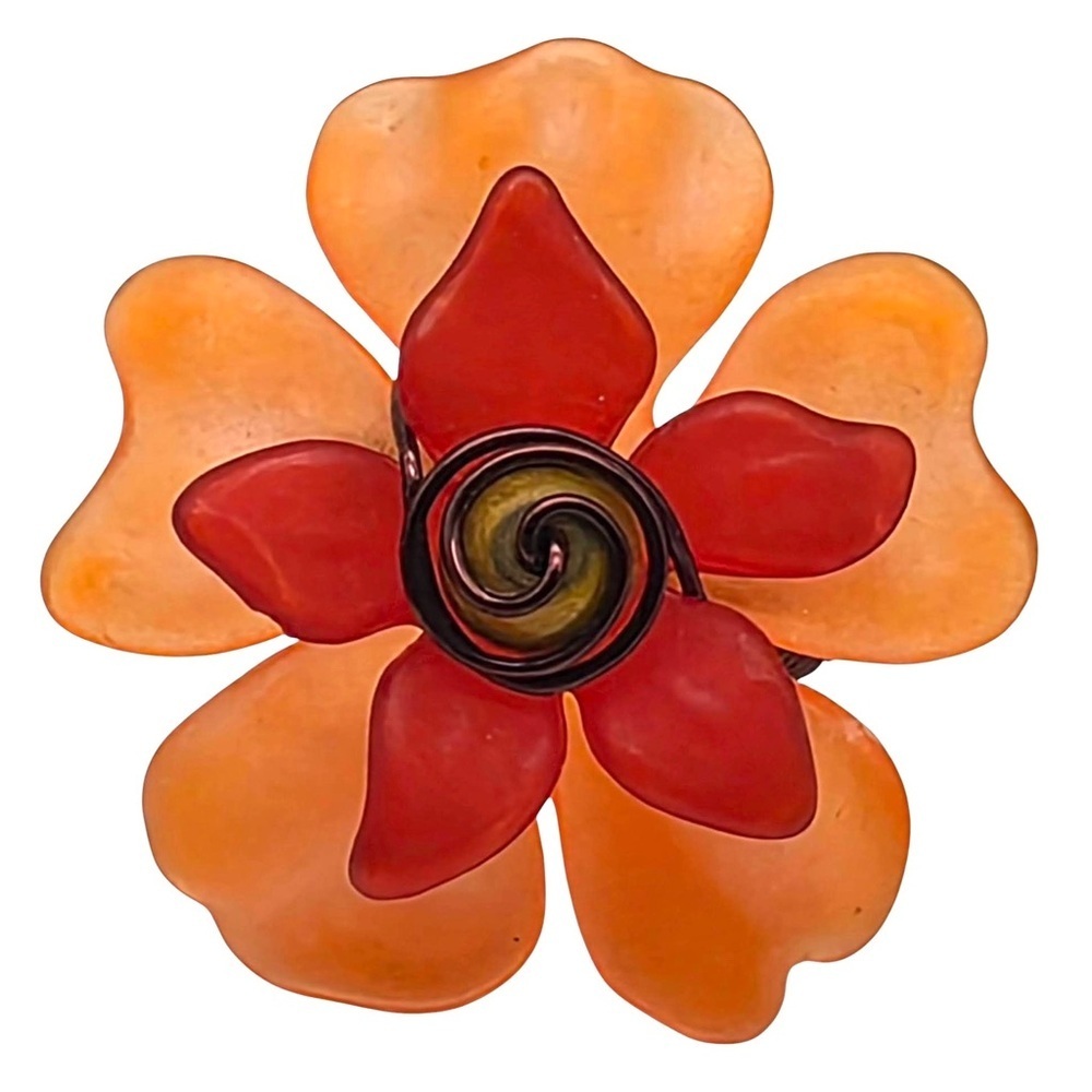 Orange, Red with Green Center Flower with Copper wire that makes Ring Band